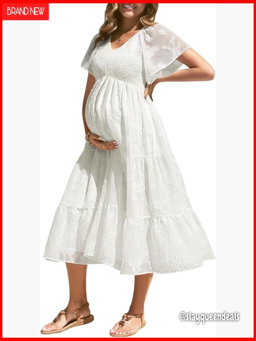 Maternity Midi Dress Flutter Sleeve V-Neck Baby Shower Photoshoot